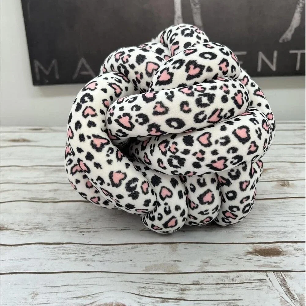 Knot Pillow White Pink Heart Leopard Print Decorative Round‎ OS
